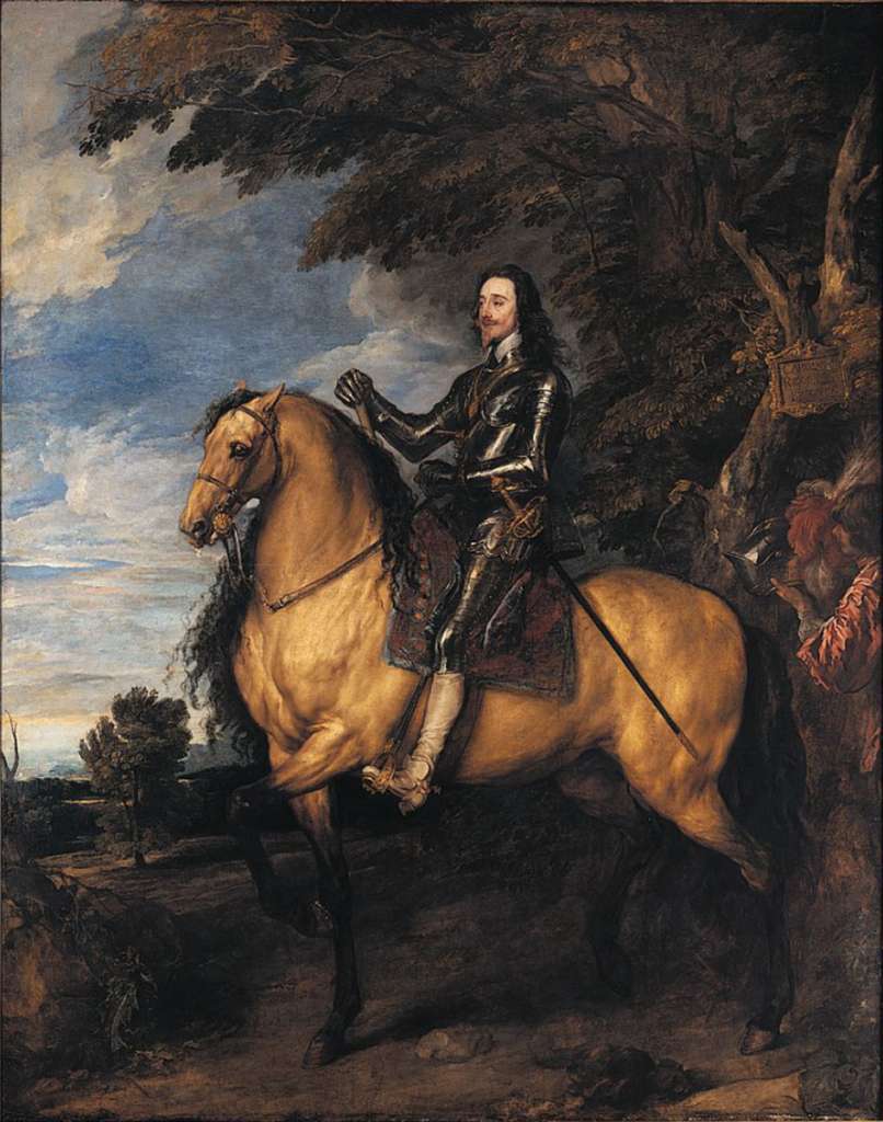 London National Gallery Top 20 12 Anthony Van Dyck - Equestrian Portrait of Charles I Anthony Van Dyck - Equestrian Portrait of Charles I, King of England, 1638, 367 x 292 cm. Van Dyck became the court painter to Charles I in 1632, and created images of him that expressed the King's belief in his divine right to govern. The picture shows Charles I wearing the medallion of a Garter Sovereign, riding as if at the head of his knights. He is dressed in armour and holding a commander's baton. The magnificent horse and the subdued but rich colours of the saddlecloth, landscape and the page holding the helmet complement the elegance of the rider.